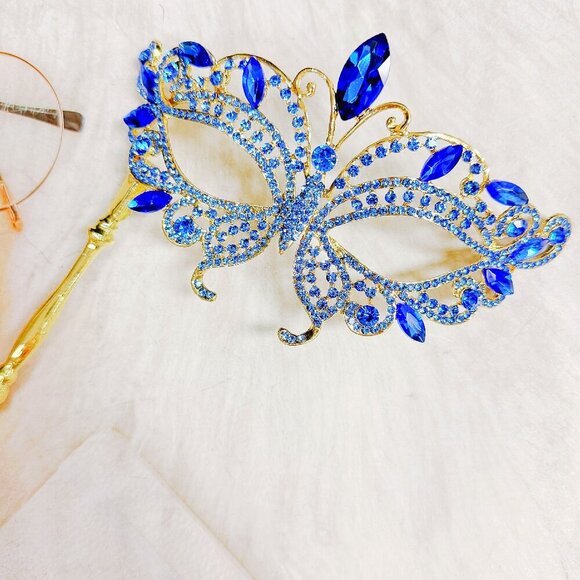 Blue Masquerade Mask, Met Gala Stick Mask, Gold Masquerade Ball Mask, Prom Mask - Picture 7 of 7
